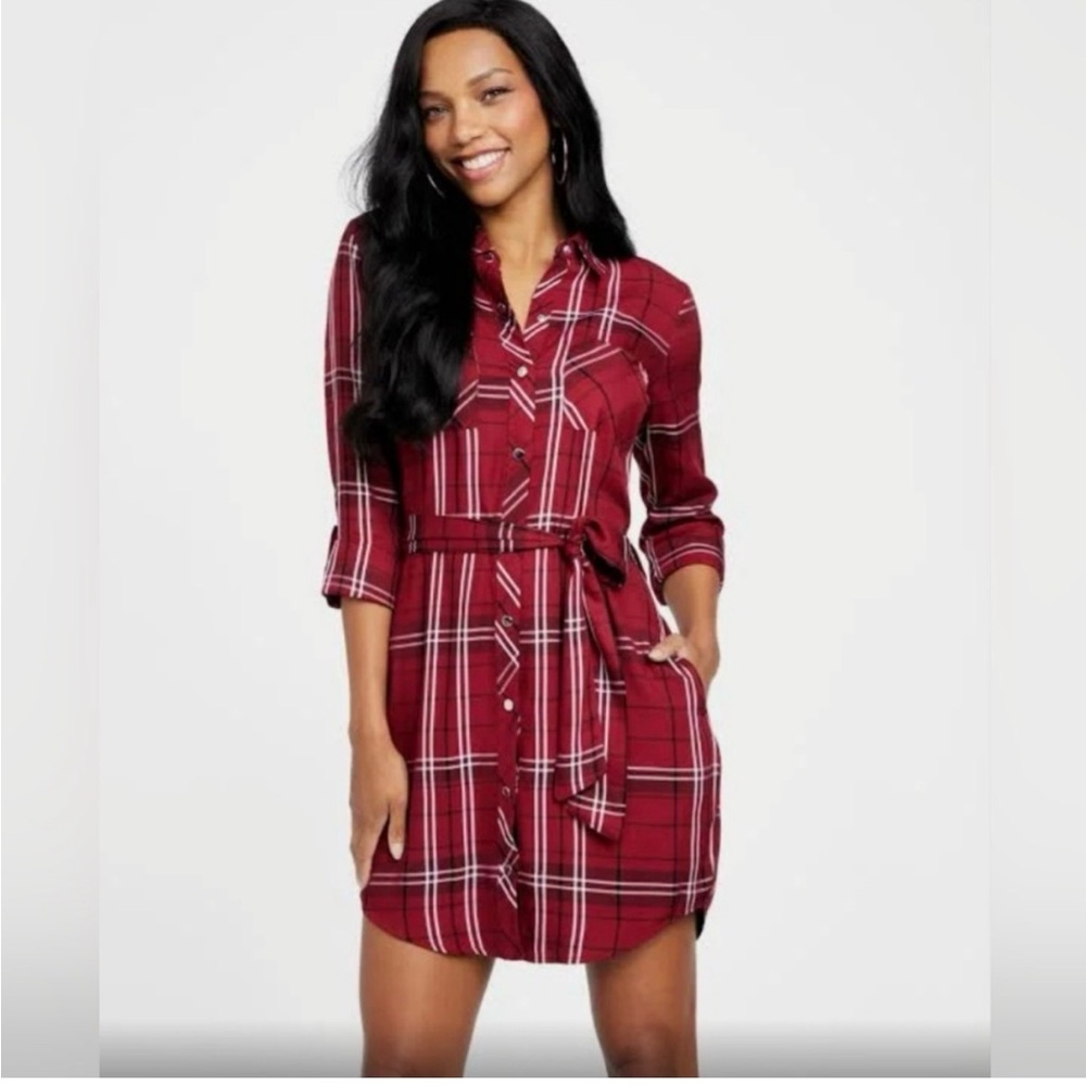 NWT Guess Red Plaid Shirt Dress XS